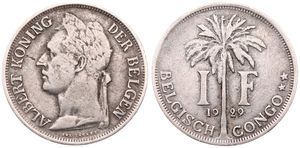 Belgian Congo, Colony, Albert I, 1 Franc Copper-Nickel 1929, Laureate head of the King left, KM 21 Flemish Legend, VF