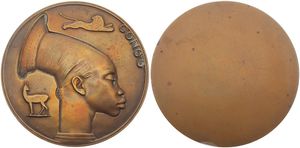 Belgian Congo, Colony, Leopold III, Medal (Uniface) in Bronze ND (ca 1945) by Marcel Rau (Essai ?), Head of a Mangbetu woman right flanked by a deer and a lion, XF