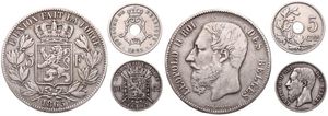 Belgium, Kingdom, Leopold II, Nice lot with 3 different scarcer coins from Leopold II : 5 Centimes 1901FR, 50 Centimes 1867FR & 5 Francs 1865, F/VF