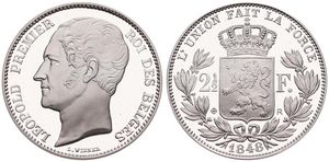 Belgium, Kingdom, Leopold I, Restrike : 2-1/2 Francs Silver 1848, Bare head left, GR-BR 3963, PROOF