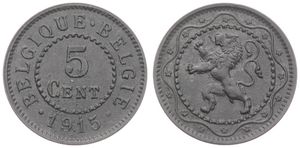 Belgium, Kingdom, Albert I, 5 Centimes Zinc 1915FR/FL, German Occupation - Rampant lion within circle, Morin 440, XF
