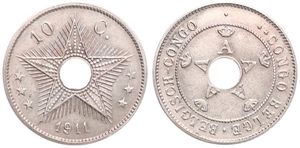 Belgian Congo, Colony, Albert I, 10 Centimes Copper-Nickel 1911, Center hole flanked by crowned monograms within beaded circle, KM 18, UNC 