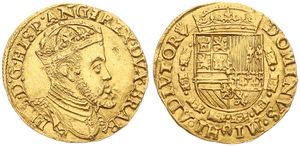 Spanish Netherlands, Philip II, 1 Gouden Reaal Gold ND (1555-1598), Crowned bust right / Crowned arms, VH 251.AN - Antwerp, SCARCE, XF (*)