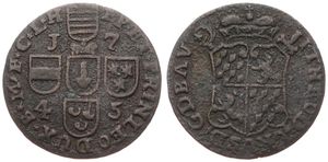 Liege, Bishoperic, John Theodore, 1 Liard Copper 1745, Crowned ams over sword and scepter / Cross of shields - dates in angles, KM 146, VF