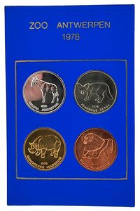 Belgium, Kingdom, Baudouin I, Official Annual Coin Set 1978 from the ZOO in Antwerp with 4 animal tokens, good for 10 entrances to the Zoo (still valuable), UNC in original blister