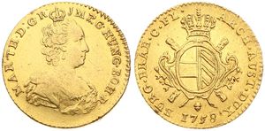 Austrian Netherlands, Maria Theresia, 1 Souverain d'Or Gold 1758 Brussels, Crowned mature bust right / Crowned ornate arms, KM 24, VF (*)