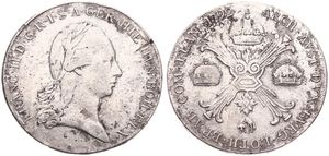 Austrian Netherlands, Franz II, 1 Kronenthaler Silver 1792A, Laureate head right / Floriated cross with 3 crowns & Golden Fleece, KM 62.1 Vienna, Fine