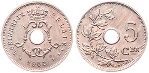 Belgium, Kingdom, Leopold II, 5 Centimes Copper-Nickel 1902FL, Center hole within crowned monogram, Morin 270, A.UNC