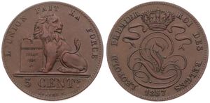 Belgium, Kingdom, Leopold I, 5 Centimes Copper 1857, Seated lion with tablet, Morin 83, A.XF 