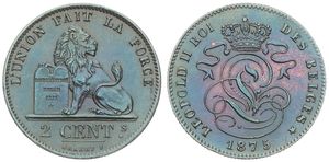 Belgium, Kingdom, Leopold II, 2 Centimes Copper 1875FR, Seated lion with tablet, Morin 211, UNC