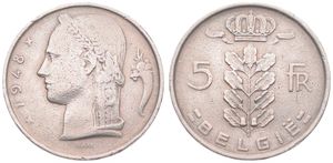 Belgium, Kingdom, Prince Charles, 5 Francs Copper-Nickel 1948FL, Head of Ceres left, Morin 522, RARE VARIETY : STRUCK IN 95% MEDAL ALIGNMENT !!, VF