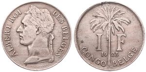 Belgian Congo, Colony, Albert I, 1 Franc Copper-Nickel 1923, Laureate head of the King left, KM 20 French Legend, VF