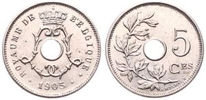 Belgium, Kingdom, Leopold II, 5 Centimes Copper-Nickel 1905FR, Center hole within crowned monogram, Morin 275, UNC