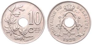 Belgium, Kingdom, Albert I, 10 Centimes Copper-Nickel 1920FR, Center hole within crowned monogram, Morin 337a, VARIETY WITH INCOMPLETE DASH BELOW CES, VF