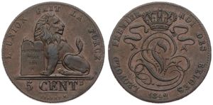 Belgium, Kingdom, Leopold I, 5 Centimes Copper 1842, Seated lion with tablet, Morin 73, VF/XF