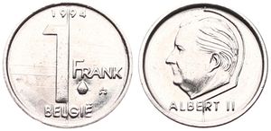 Belgium, Kingdom, Albert II, 1 Franc Steel 1994FL, Head of King Albert II left, Morin 927, SCARCE VARIETY WITH BIG MINTMARK (ST. MICHAEL), UNC