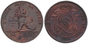 Belgium, Kingdom, Leopold I, 10 Centimes Copper 1848/38, Seated lion with tablet, Morin 64b, XF (edgenick)