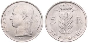 Belgium, Kingdom, Baudouin I, 5 Francs Copper-Nickel 1968FL, Head of Ceres left, Morin 569, UNC