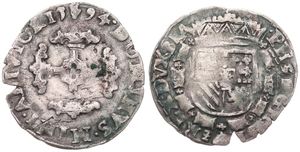 Spanish Netherlands, Philip II, 1/20 Filipsdaalder Silver 1594, Crowned arms with order collar / Cross, VH 310.AN - Antwerp, VF
