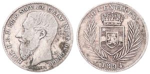 Congo Free State, Royal Domain, Leopold II, 50 Centimes Silver 1894, Bearded head left, KM 5, A.VF