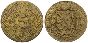 Belgium, Kingdom, Gent, 5 Franken Brass Plated Iron 1917, Emergency Issue - Rampant Lion within shield and circle/ Legend : Uitbetaalbaar januari 1920, KM Tn6, XF