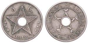 Belgian Congo, Colony, Albert I, 5 Centimes Copper-Nickel 1910, Center hole flanked by crowned monograms within beaded circle, KM 17, VF
