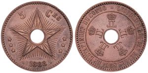 Congo Free State, Royal Domain, Leopold II, 5 Centimes Copper 1888, Center hole flanked by crowned monograms within beaded circle, KM 3, A.UNC, RARE without overstrike ! (slightly cleaned)