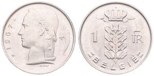Belgium, Kingdom, Baudouin I, 1 Franc Copper-Nickel 1967FL, Head of Ceres left, Morin 625, UNC