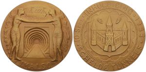 Belgium, Kingdom, Albert I, Medal in Bronze 1933 by P. Van Riel, Inhuldiging van de Scheldetunnels, Antwerp arms within circle / View on the tunnel under the Scheldt - Ship above, UNC