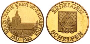 Belgium, Kingdom, Baudouin I, Zedelgem - 100 Schelpen in Bronze 1983, Restoration of the St. Laurentius Church / City arms and legend around, GMJ 1983/339b, SCARCE, PROOF