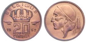Belgium, Kingdom, Baudouin I, 20 Centimes Bronze 1962FR, Helmeted mine worker left, Morin 732, SCARCER KEY DATE !, UNC