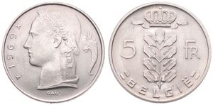 Belgium, Kingdom, Baudouin I, 5 Francs Copper-Nickel 1969FL, Head of Ceres left, Morin 571, UNC