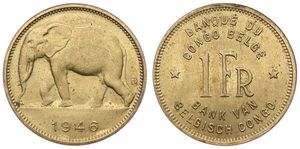 Belgian Congo, Colony, Prince Charles, 1 Franc Brass 1946, African Elephant left, KM 26, A.UNC