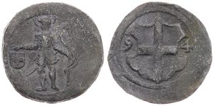 Belgium, Kingdom, Lier, Token in lead ND (1694) , Voet & Kruisboogschutters Gilde penning (Liers loodje), Saint Jorsi holding shield / Shield with cross flanked by 9 & 4, VF