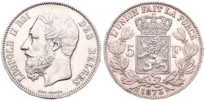 Belgium, Kingdom, Leopold II, 5 Francs Silver 1873, Bearded head left, Morin 160a, VARIETY WITH LONG 'PROTEGE' IN EDGE, A.XF