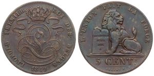 Belgium, Kingdom, Leopold I, 5 Centimes Copper 1849, Seated lion with tablet, Morin 76, SMALL DATE, VF/XF