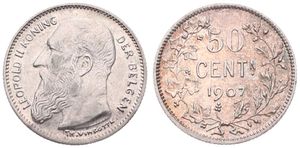 Belgium, Kingdom, Leopold II, 50 Centimes Silver 1907FL, Bearded head left, Morin 203, XF