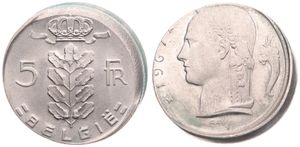 Belgium, Kingdom, Baudouin I, 5 Francs Copper-Nickel 1967FL, Head of Ceres left, Morin 567, SCARCER ERROR COIN !, XF/AU