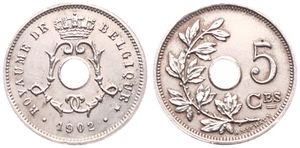 Belgium, Kingdom, Leopold II, 5 Centimes Copper-Nickel 1902FR, Center hole within crowned monogram, Morin 269, A.UNC