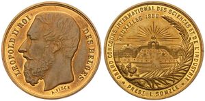 Belgium, Kingdom, Leopold II, Medal in Gilt Bronze 1888 by A. Fisch, Grand Concours International des Sciences et de l'Industrie à Bruxelles, Head left / Building, XF