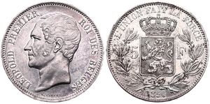 Belgium, Kingdom, Leopold I, 5 Francs Silver 1850, Bare head left, Morin 40, XF/AU