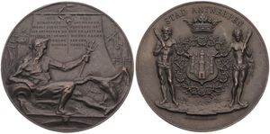 Belgium, Kingdom, Leopold II, Medal in Copper 1903 by M. Vermeiren & J. Baetes, Remembering the visit in Antwerp of Napoleon in 1803, City Arms / View on the Scheldt, XF 