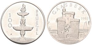 Belgium, Kingdom, Baudouin I, Gaasbeek - 100 Bruegel in Copper-Nickel 1982, View on Gaasbeek Castle / Water Fountain, GMJ 1982/173c, VERY RARE, UNC