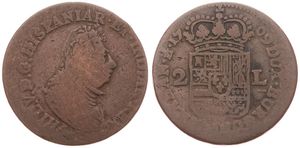 Spanish Netherlands, Philip V, Dubbel Oord Copper 1709, Buste right / Crowned arms divides value, VH 745.NA - Namur, Fine