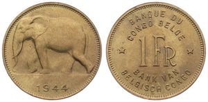 Belgian Congo, Colony, Leopold III, 1 Franc Brass 1944, African Elephant left, KM 26, XF