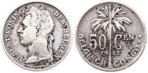 Belgian Congo, Colony, Albert I, 50 Centimes Copper-Nickel 1923/21, Laureate head of the King left, KM 23 Flemish Legend, A.VF