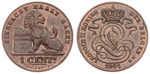 Belgium, Kingdom, Leopold II, 1 Centime Copper 1901FL, Seated lion with tablet, Morin 231, UNC