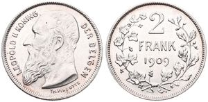 Belgium, Kingdom, Leopold II, 2 Francs Silver 1909FL, Bearded head left, Morin 197, A.UNC