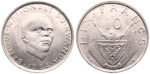 Rwanda, Republic, 10 Francs Copper-Nickel 1964, Head right, KM 7, VF