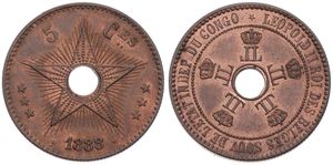 Congo Free State, Royal Domain, Leopold II, 5 Centimes Copper 1888/7, Center hole flanked by crowned monograms within beaded circle, KM 3, UNC 